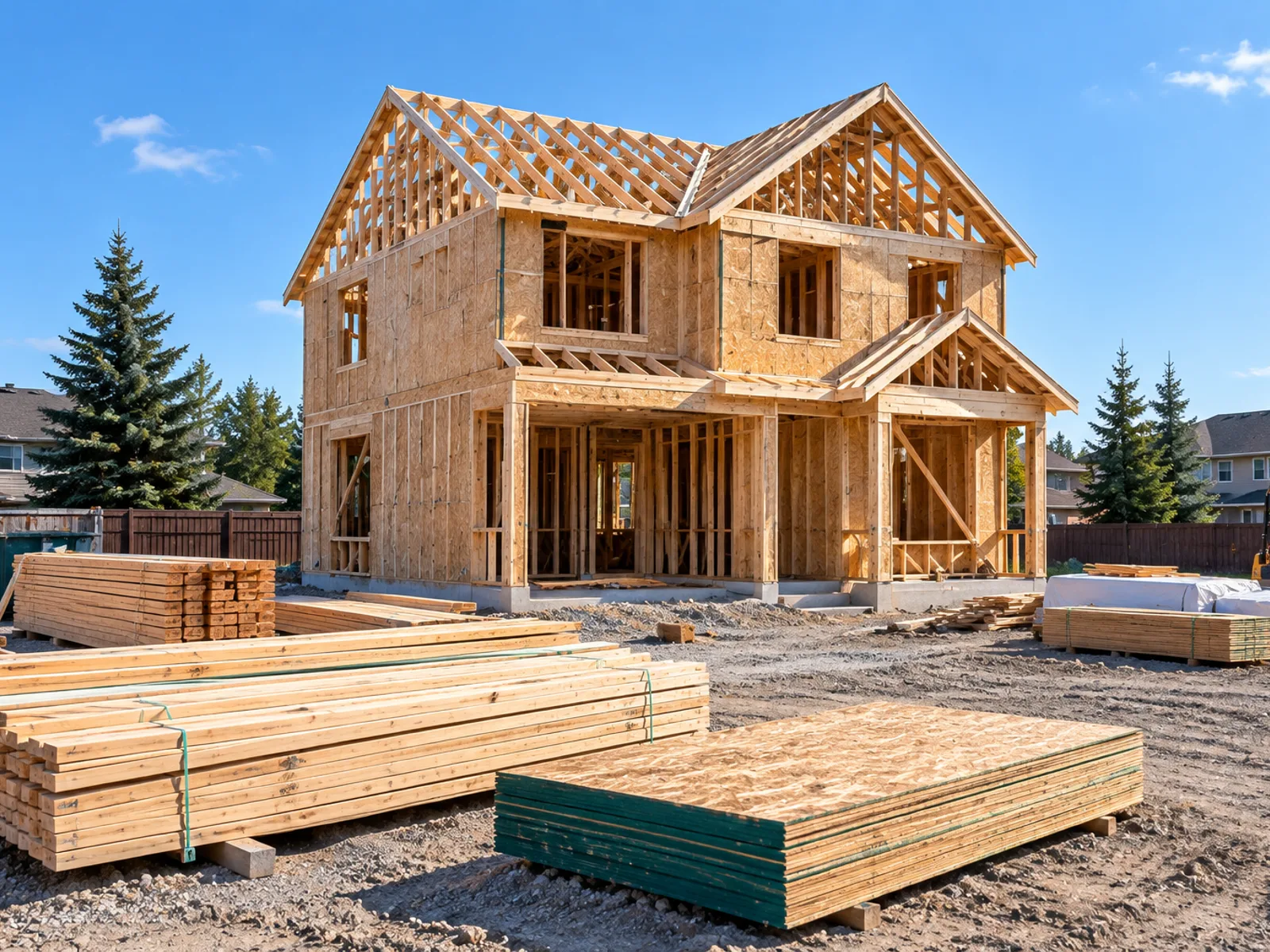 A two-storey house framed with roof trusses set, lumber stacked on site